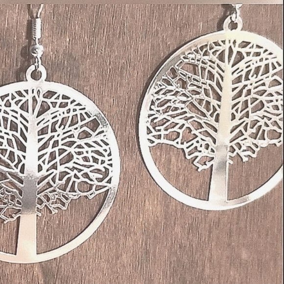 CUTE Silver Tree of Life Earrings  Pierced Stainless Ear wires Large 2"in NEW - Picture 10 of 11